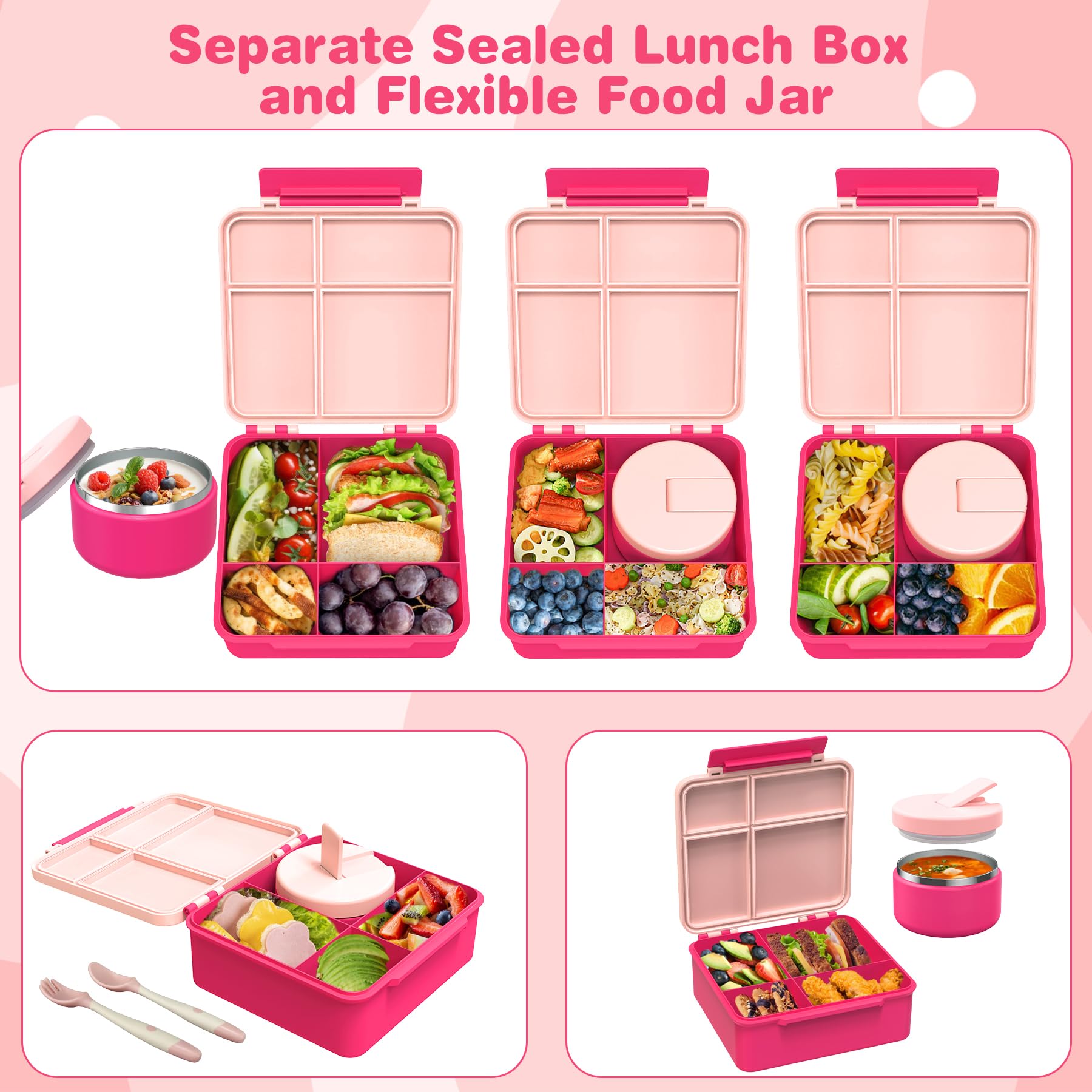 Pawtong Bento Lunch Box with 8oz Soup Thermo, Kids Leakproof Lunch Food Containers with 4 Compartment, Kids Thermo Insulated Hot Food Jar for School, Trvael - (Pink)