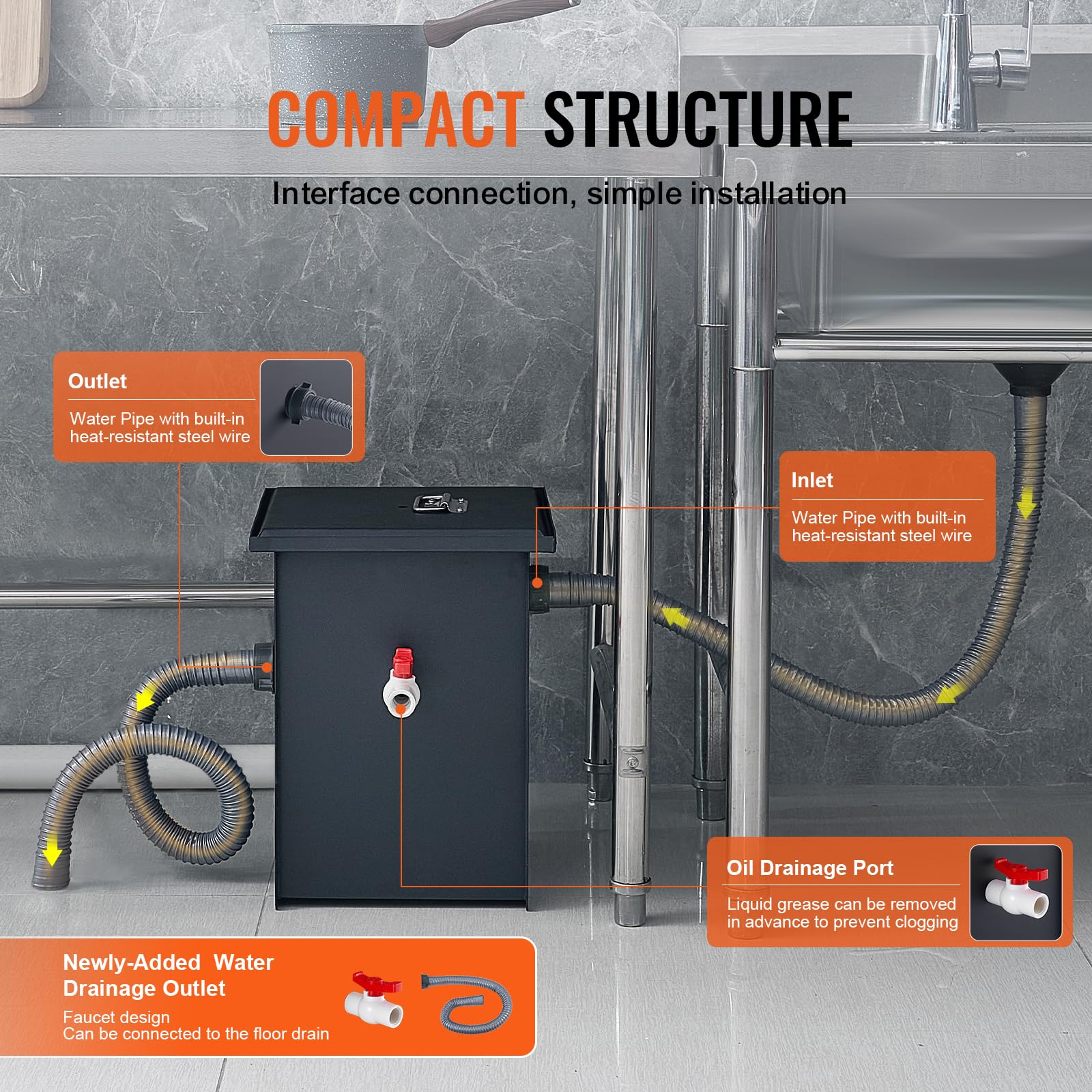 VEVOR Commercial Grease Trap, 8 LBS Grease Interceptor, Side Inlet Interceptor, Under Sink Carbon Steel Grease Trap, 4.6 GPM Waste Water Oil-water Separator, for Restaurant Canteen Home Kitchen