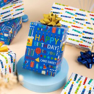 Homeral Reversible Birthday Wrapping Paper Roll- Mini Roll- 46.8sq.ft(17in x 33ft) Blue Colorful Birthday Design for Birthday, Baby Shower, Party