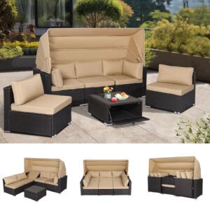 magic union 6 pieces patio furniture sets daybed with retractable canopy, outdoor rattan sectional sofa set, wicker patio seating chairs with adjustable backrest for backyard,garden,poolside (khaki)