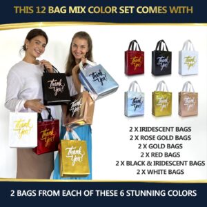 Nush Nush Thank You Gift Bags Bulk Medium – Set of 12 Reusable Thank You Bags From Six Vibrant Colors With a Premium Finish - Perfect As Goodie Bags, Birthday Bags, Party Favor Bags – 8x4x10 Size