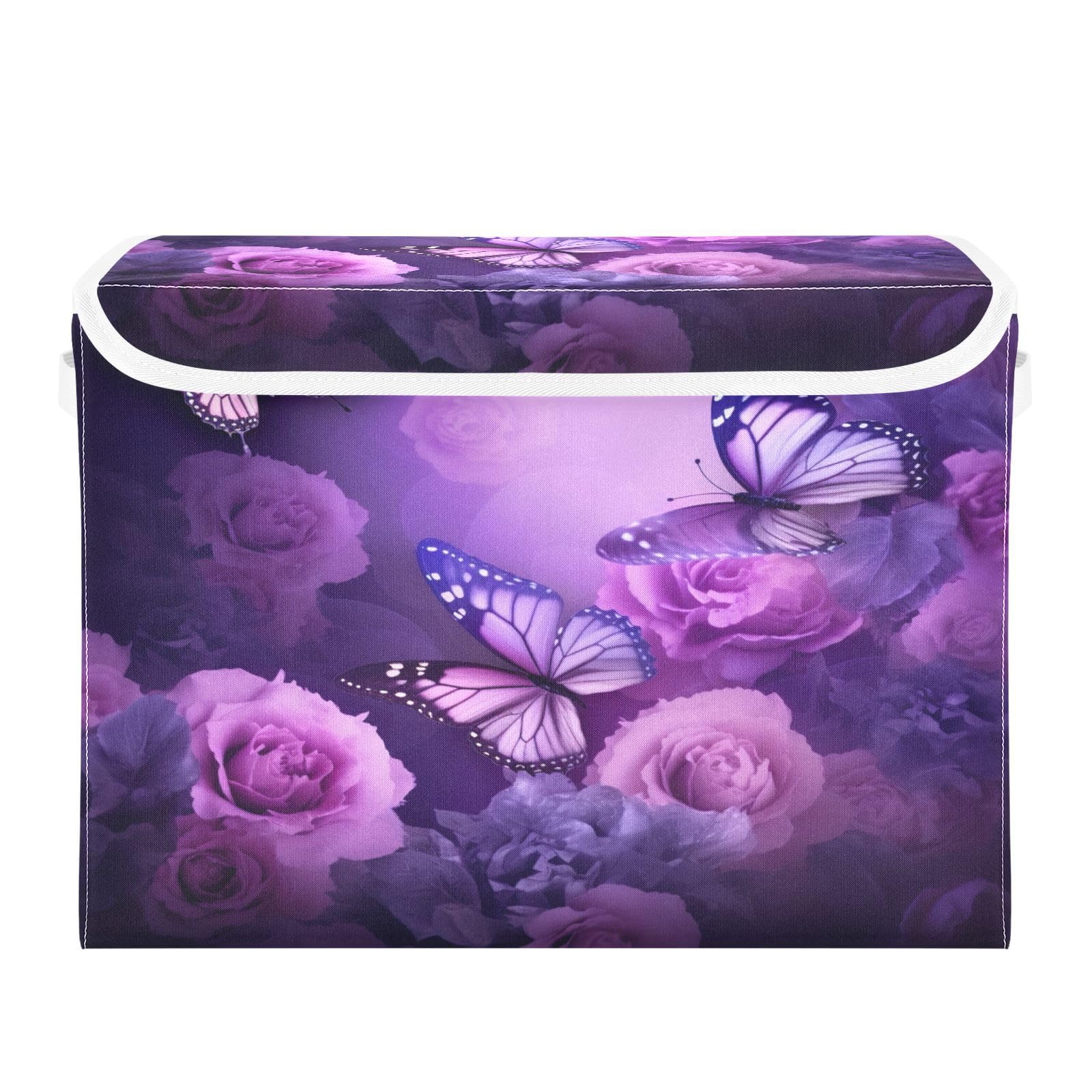 Wassud Purple Butterfly 16.5"x12.6"x11.8" Storage Bins with Lids,Collapsible Stackable Fabric Linen Baskets Closet Organizer Container