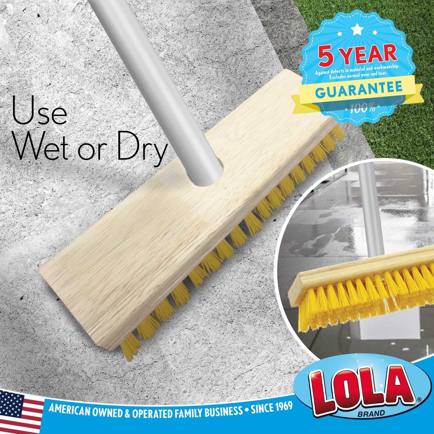 Lola Products Deck Scrub Brush w/ 48" Long Handle & 9" x 3.5" Scrubber, Durable Fiber Scrubber Bristles Remove Dirt, Grime, Grout, Leaves, Snow on Patios, Decks, Asphalt, Cement- Wet or Dry