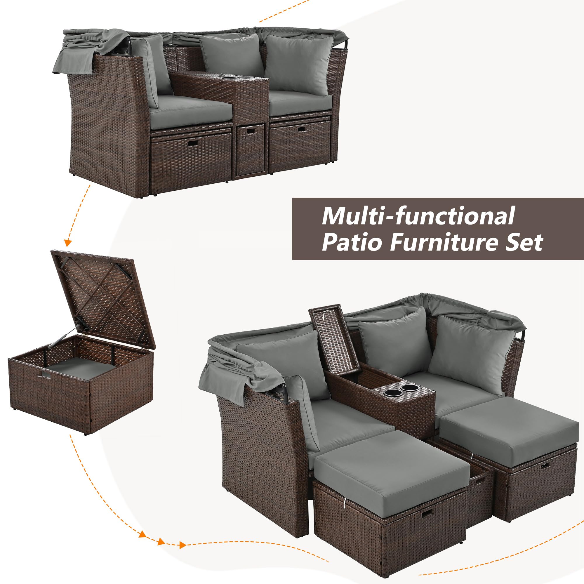 P PURLOVE Outdoor Loveseat Chaise Lounge with Canopy, 2-Seater Outdoor Patio Double Daybed with Foldable Awning and Cushions, Outdoor Loveseat Sofa Set for Lawn, Garden, Backyard, Porch Pool (Grey)