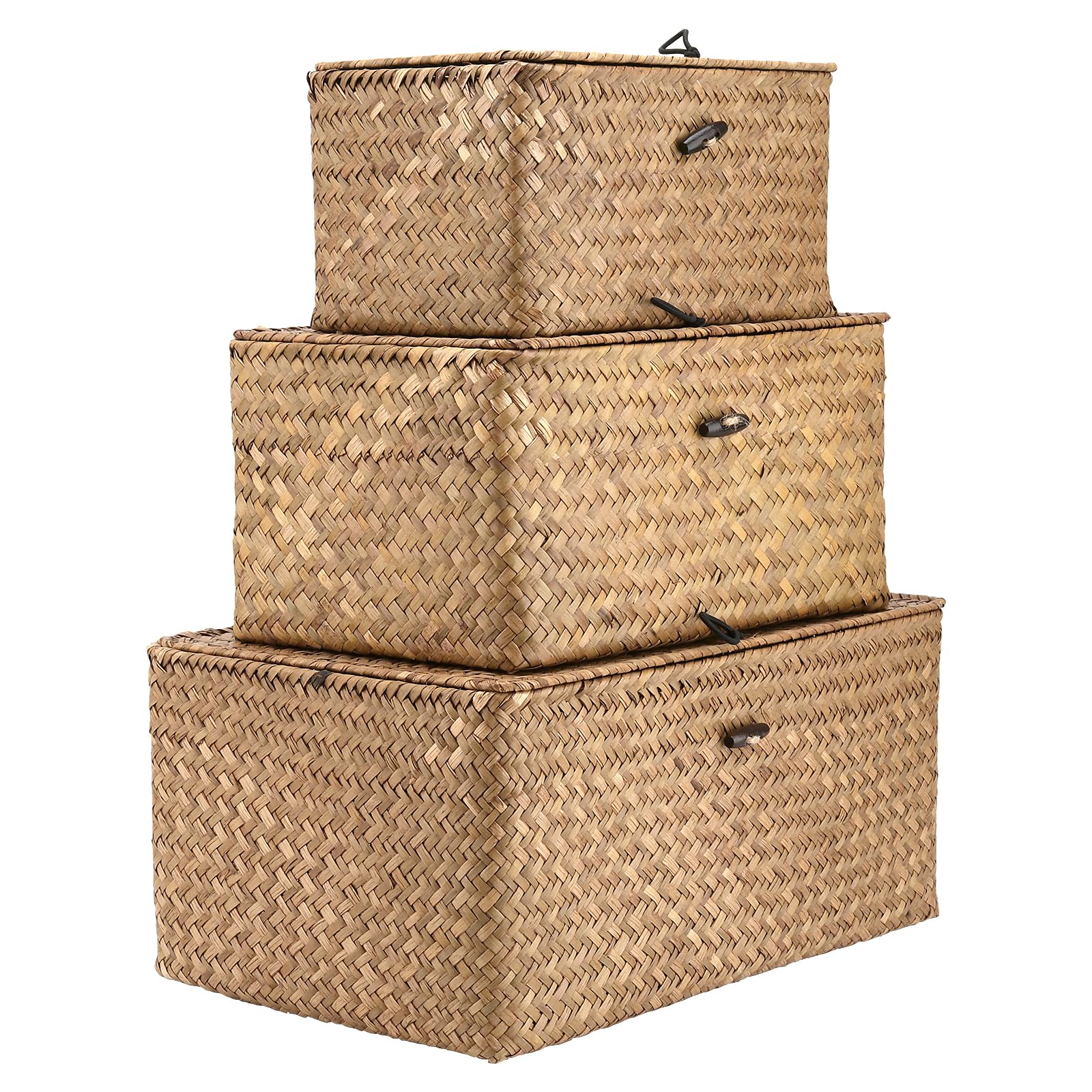 LEXININ Set of 3 Seagrass Shelf Baskets with Lids, Handwoven Seagrass Storage Bins Basket, Rectangular Woven Baskets Storage Box Container for Shelves, Home Decoration