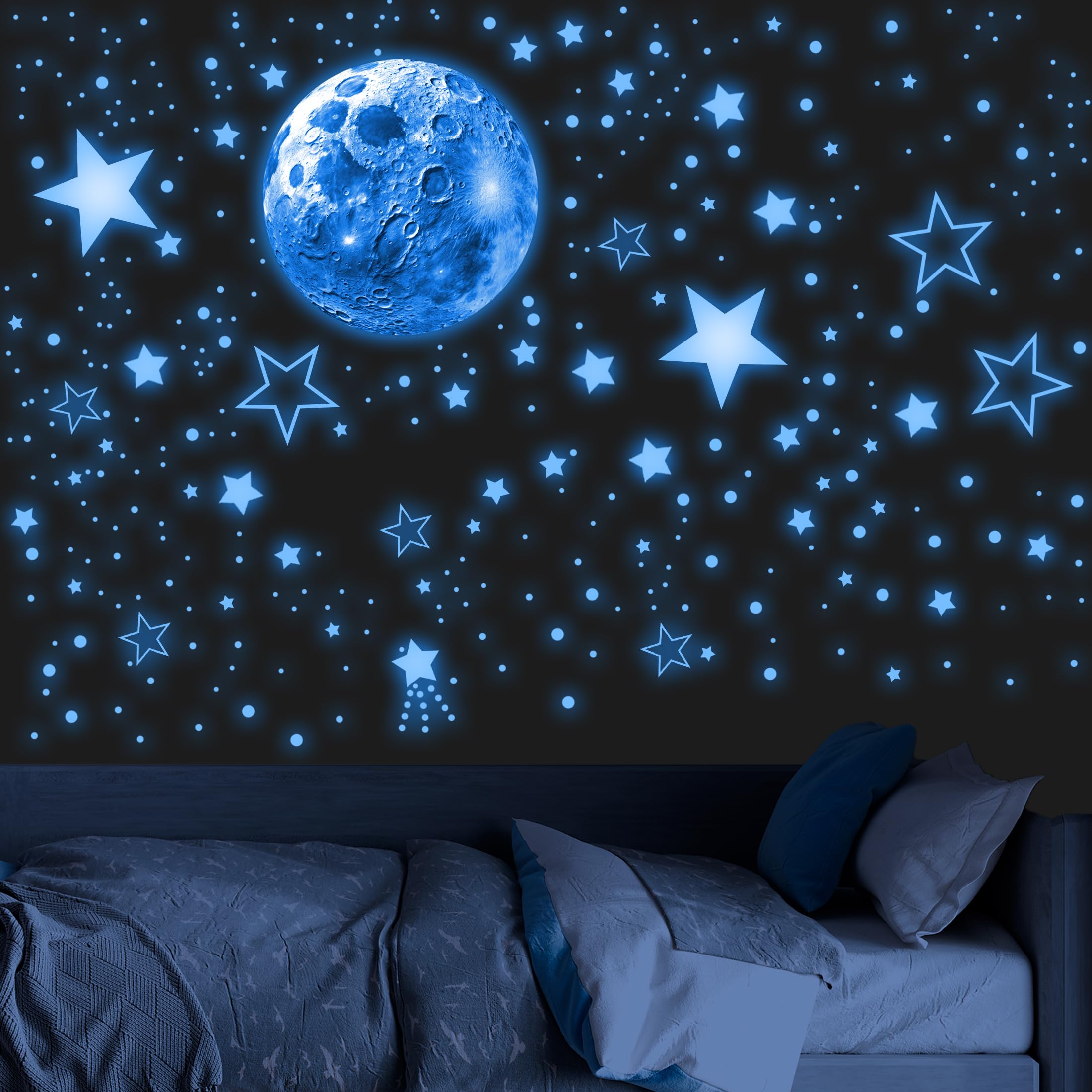 965 PCS Glow in The Dark Stars and Moon for Ceiling, Luminous Stars and Planet Wall Decals, Kids Room Decor, Glowing Galaxy Wall Stickers for Nursery Decorations (Blue)