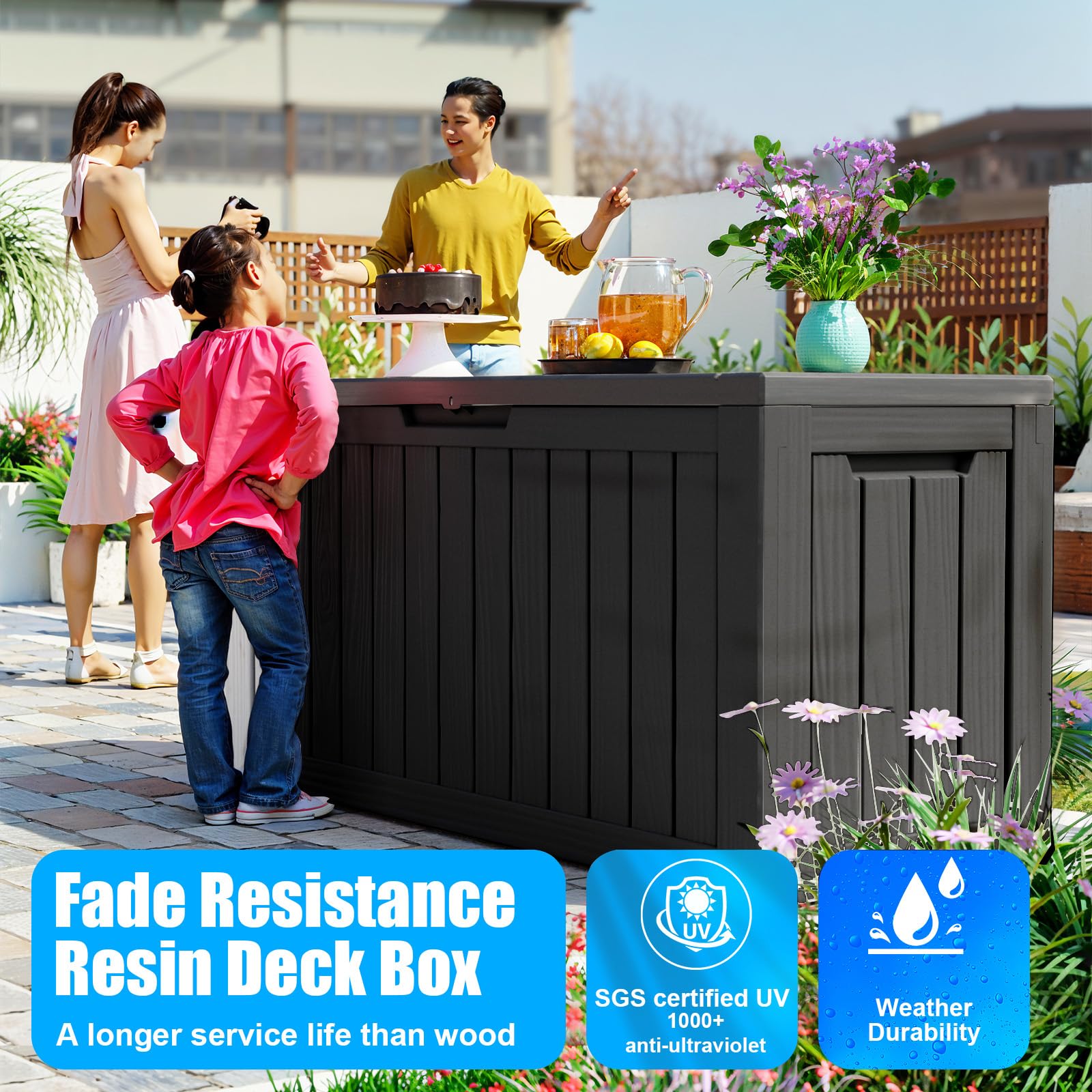 80 Gallon Resin Deck Box, Lockable Waterproof Ourdoor Storage Container for Pool Accessories, Patio Furniture, Cushions, Toys and Garden Tools, Black