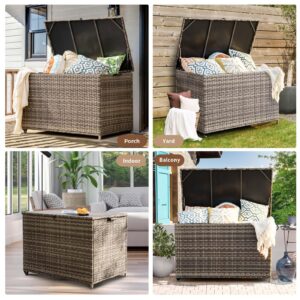 MEISSALIVVE 178 Gallon Outdoor Storage Box, Patio Deck Box with 2 Wheels, Handle Large Portable Wicker Rattan Deck Box for Patio Furniture Cushions, Throw Pillows, Garden Tools and Pool Floats (Gray)