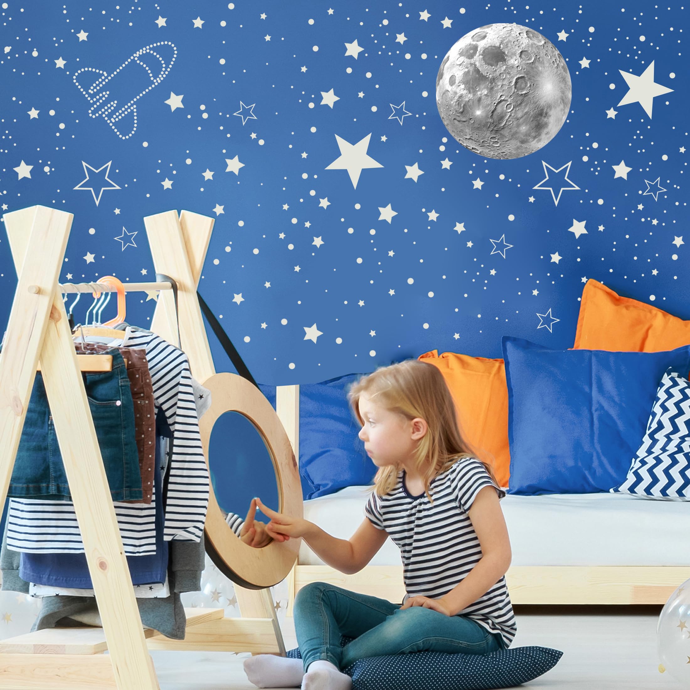 965 PCS Glow in The Dark Stars and Moon for Ceiling, Luminous Stars and Planet Wall Decals, Kids Room Decor, Glowing Galaxy Wall Stickers for Nursery Decorations (Blue)