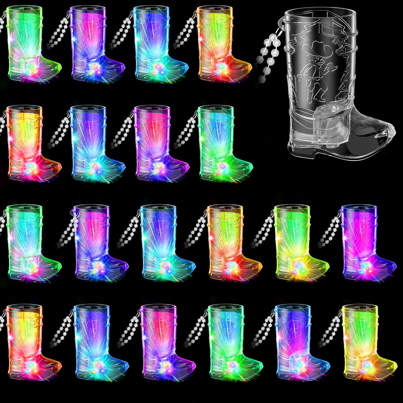 Cowgirl Boot Shot Glasses Set of 24 Light Up Plastic Shot Glasses Western Party Decorations Cowboy Shot Glasses Set with Necklace Party Cups for Party Favors Adults Bachelorette Birthday Carnival