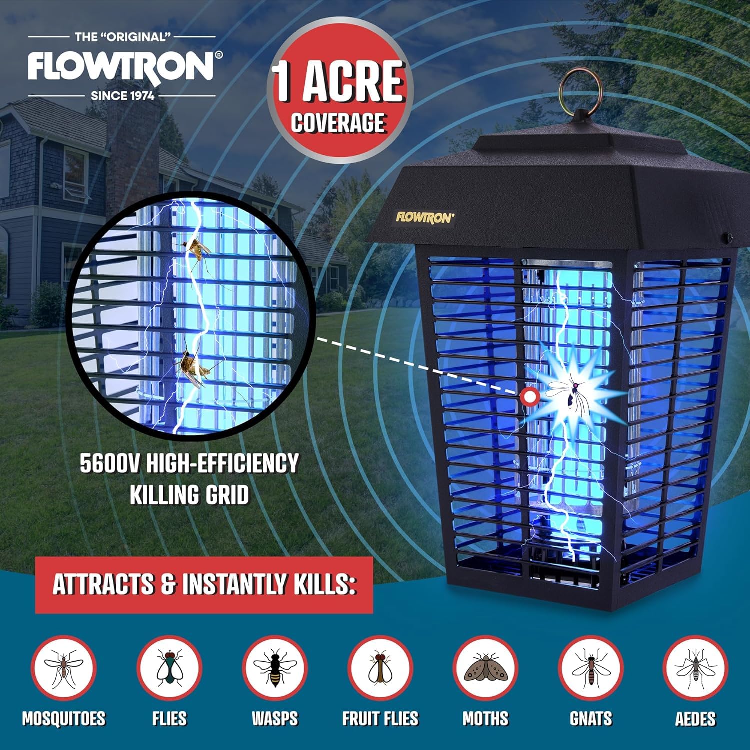 Flowtron Bug Zapper, 1 Acre of Outdoor Coverage with Powerful 40W Bulb & 5600V Instant Killing Grid with Mounting Bracket & Mosquito Attractant Cartridge