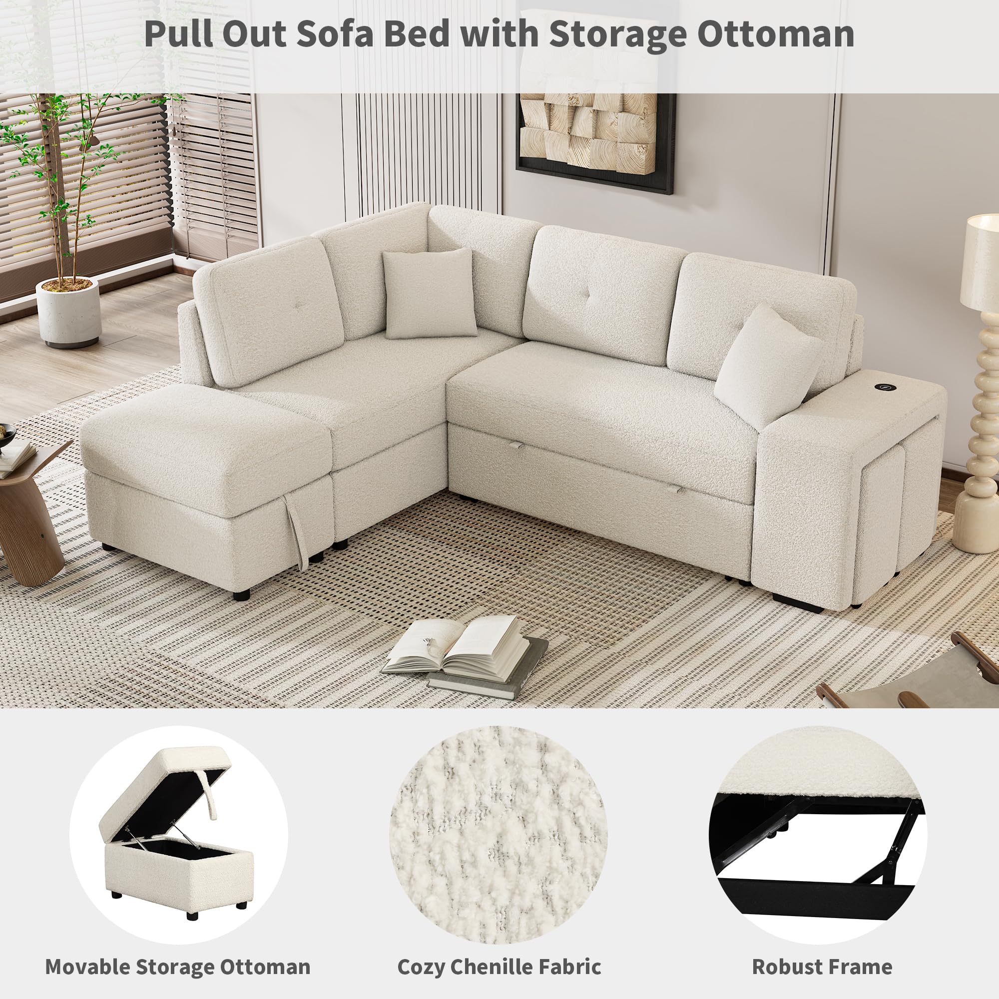 Merax Sofa Bed Sleeper Couch L Shaped Sofa with Storage Ottoman, 2 Throw Pillows and 2 Stools, Sectional Pull Out Sofa Bed with Wireless Charger and 2 Hidden USB Ports for Living Room (Cream)