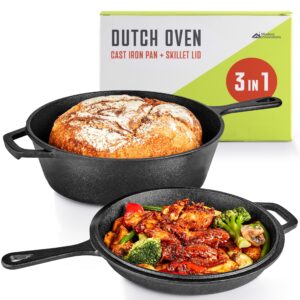 modern innovations 3-in-1 dutch oven, cast iron pan (3.2qt) and cast iron skillet (1.6qt) combo, cast iron pan with lid, preseasoned cast iron pots and pans set, rv or lodge camping cast iron set