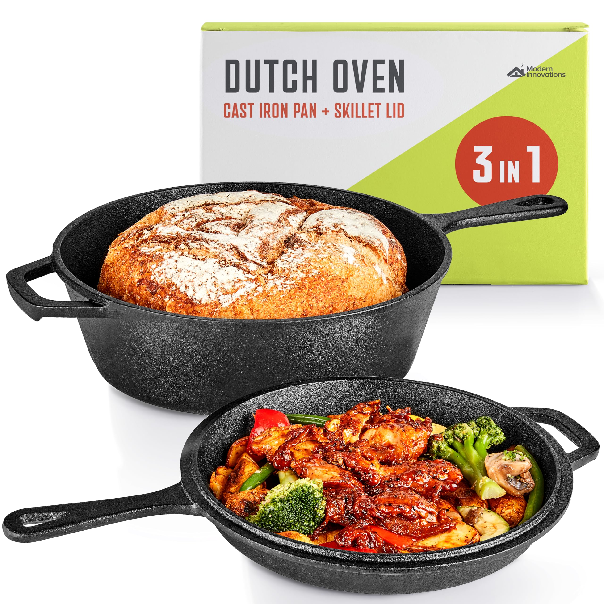 Modern Innovations 3-in-1 Dutch Oven, Cast Iron Pan (3.2QT) and Cast Iron Skillet (1.6QT) Combo, Cast Iron Pan with Lid, Preseasoned Cast Iron Pots and Pans Set, RV or Lodge Camping Cast Iron Set