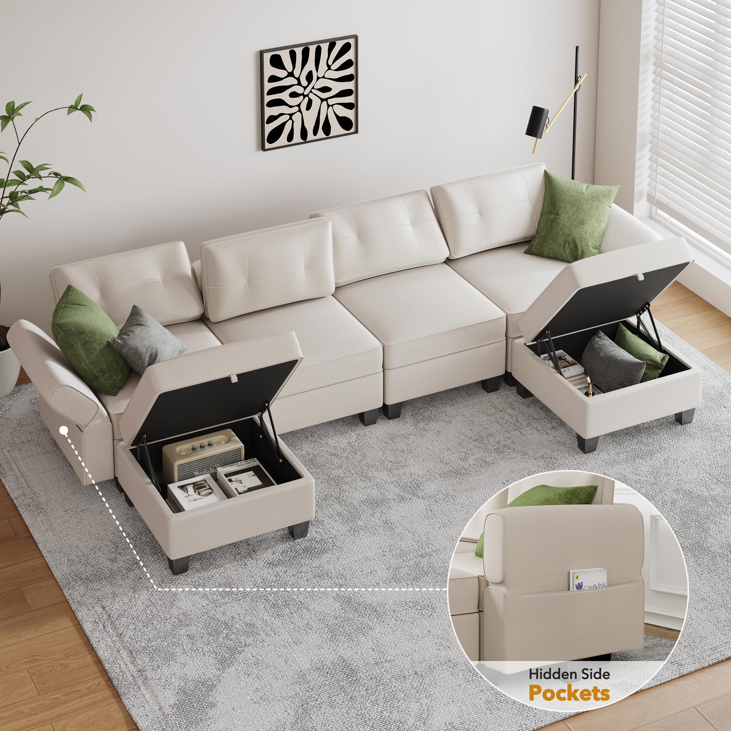 AYEASY 113'' Modular Sofa, Living Room U Shaped Couch with Storage Ottoman Sectional, Beige