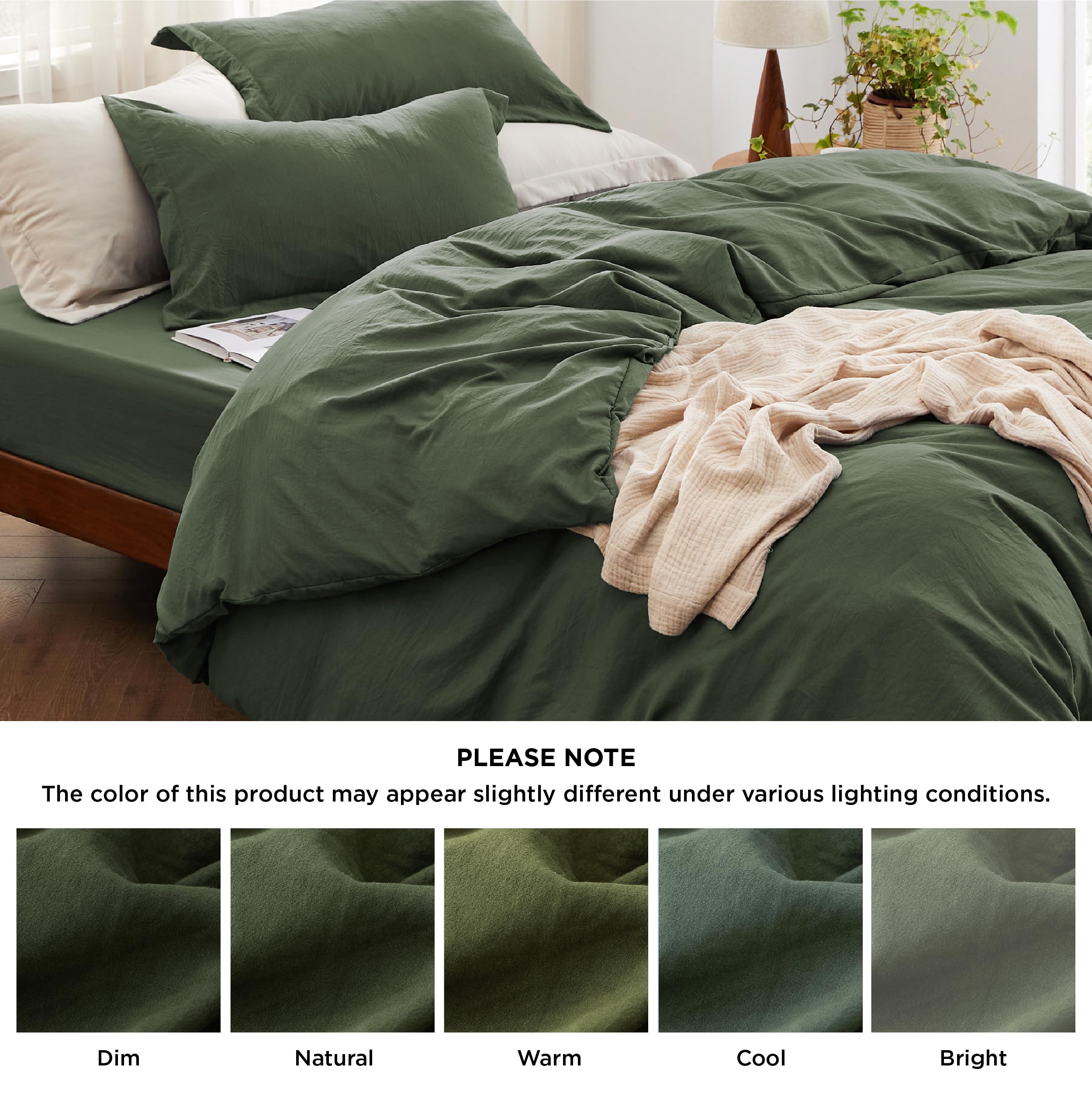 Bedsure Duvet Cover Queen Size with Fitted Sheet - Soft Prewashed Queen Duvet Cover Set, 4 Pieces, Includes 1 Duvet Cover 90x90 Inches with Zipper Closure, 2 Pillow Shams, 1 Fitted Sheet, Olive Green