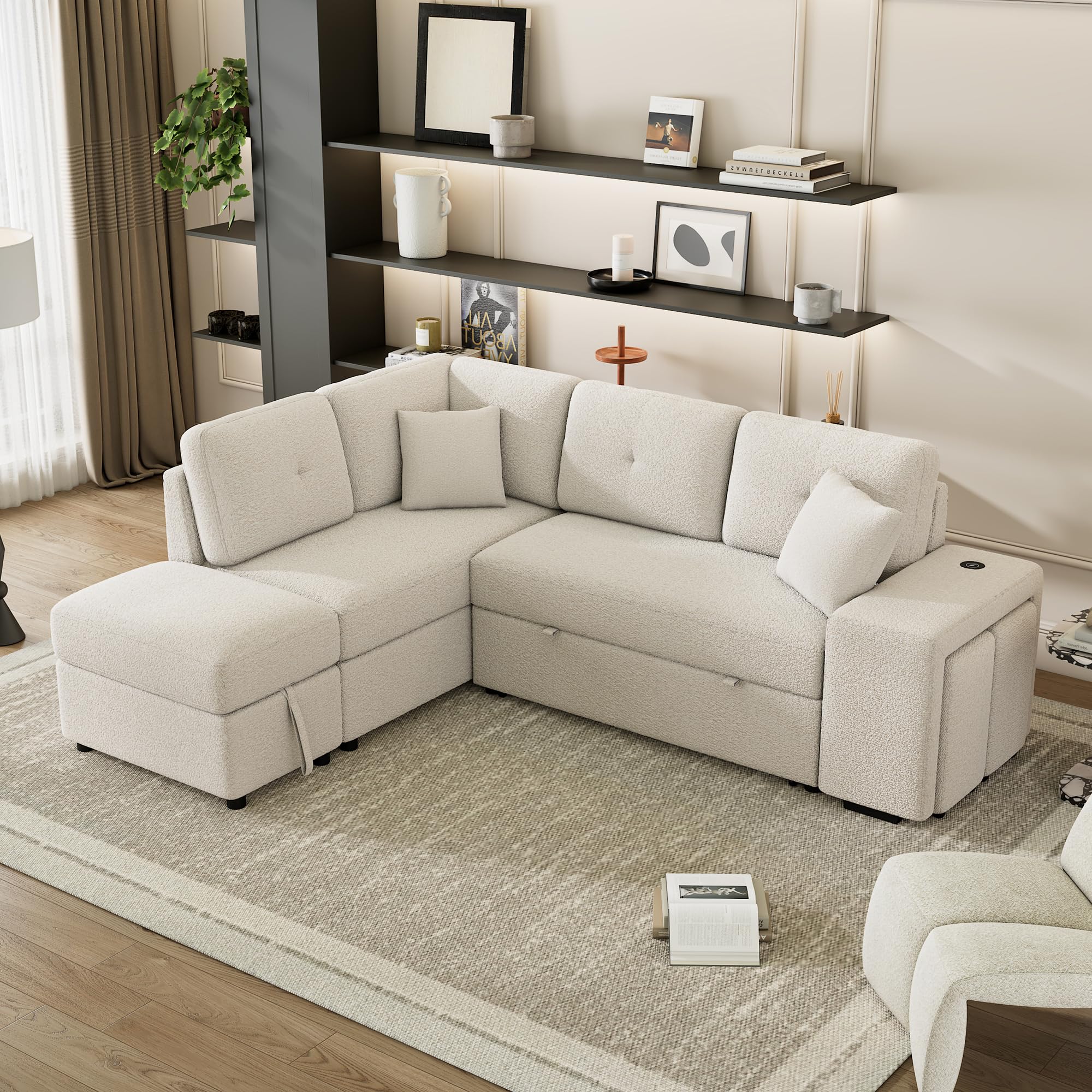 Merax Sofa Bed Sleeper Couch L Shaped Sofa with Storage Ottoman, 2 Throw Pillows and 2 Stools, Sectional Pull Out Sofa Bed with Wireless Charger and 2 Hidden USB Ports for Living Room (Cream)