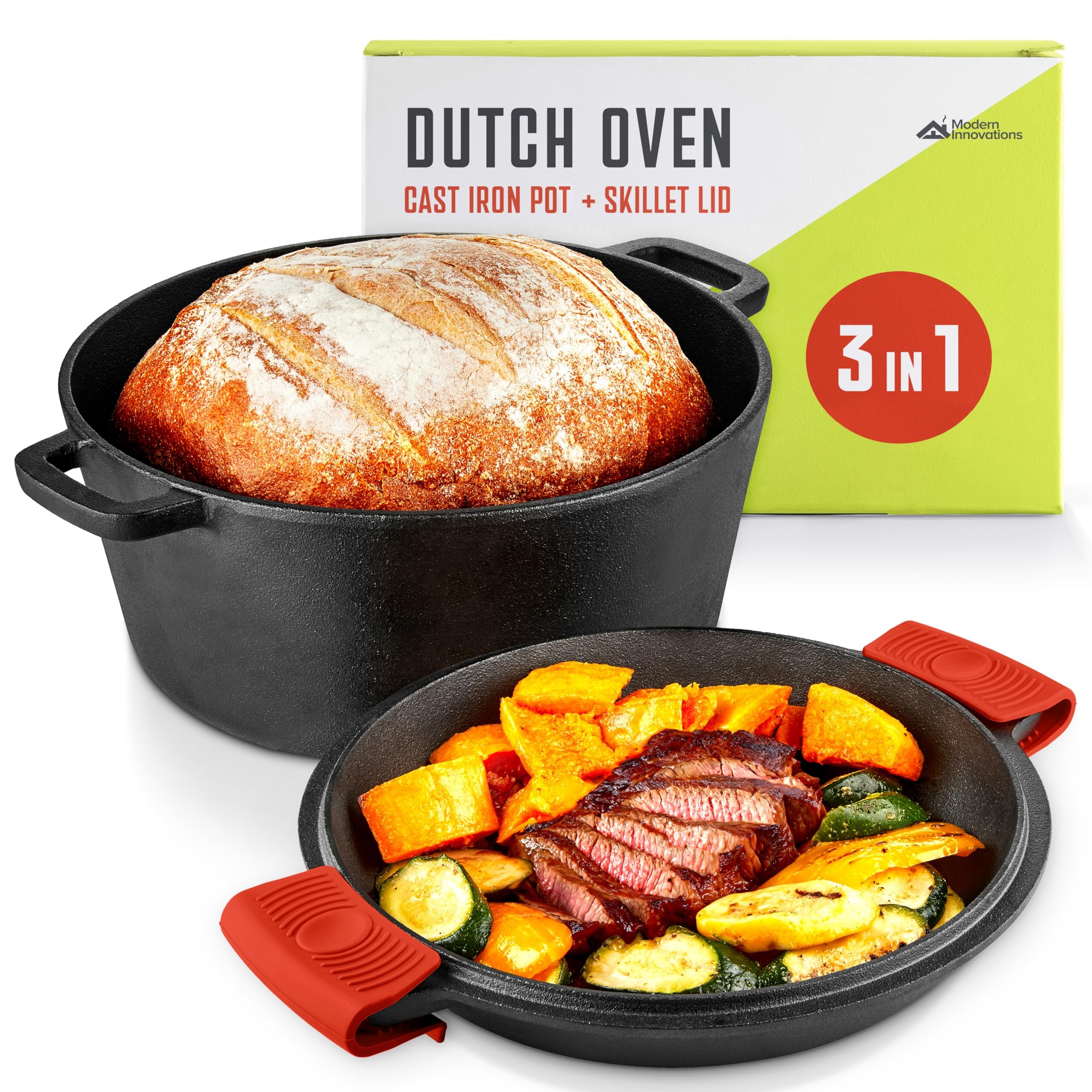 Cast Iron Dutch Oven Pot with Lid, 3-in-1, 5 Quart Cast Iron Dutch Oven with Cast Iron Skillet Lid, Cast Iron Pot with Lid, Preseasoned Cast Iron Pots and Pans Set, RV or Lodge Camping Cast Iron Set