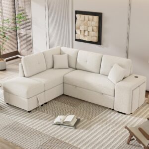 Merax Sofa Bed Sleeper Couch L Shaped Sofa with Storage Ottoman, 2 Throw Pillows and 2 Stools, Sectional Pull Out Sofa Bed with Wireless Charger and 2 Hidden USB Ports for Living Room (Cream)