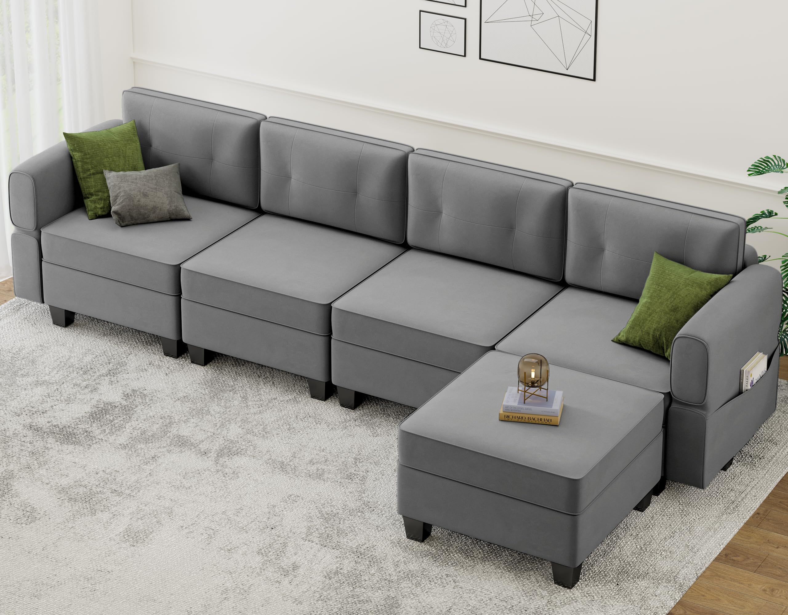 AYEASY 113'' Modular Sofa, Living Room L Shaped Couch with Storage Ottoman Sectional, Grey