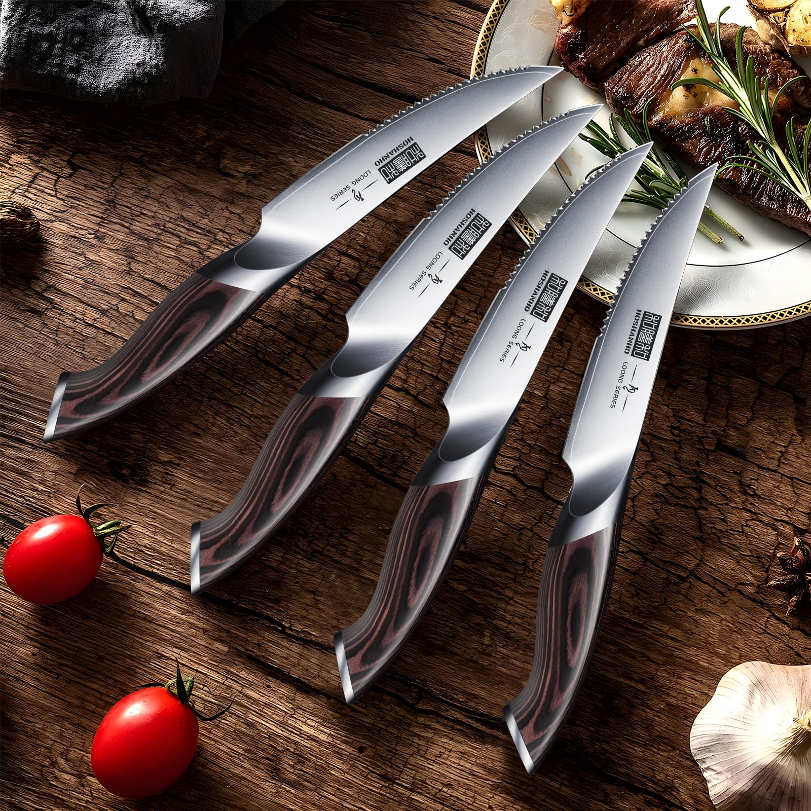 HOSHANHO Steak Knives Set of 6, Ultra Sharp 4.5 Inch Serrated Steak Knife Set, Japanese AUS-10 High Carbon Steel Kitchen Steak Knives with Ergonomic Handle