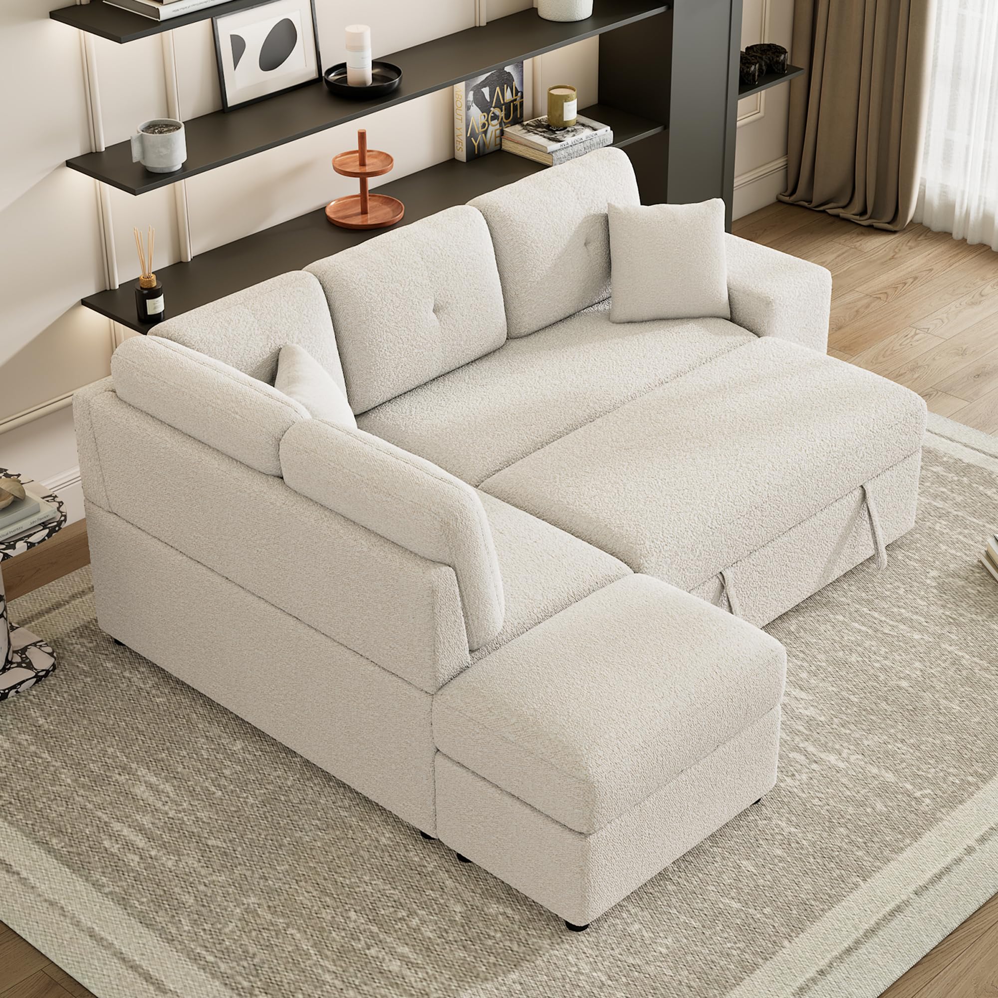 Merax Sofa Bed Sleeper Couch L Shaped Sofa with Storage Ottoman, 2 Throw Pillows and 2 Stools, Sectional Pull Out Sofa Bed with Wireless Charger and 2 Hidden USB Ports for Living Room (Cream)