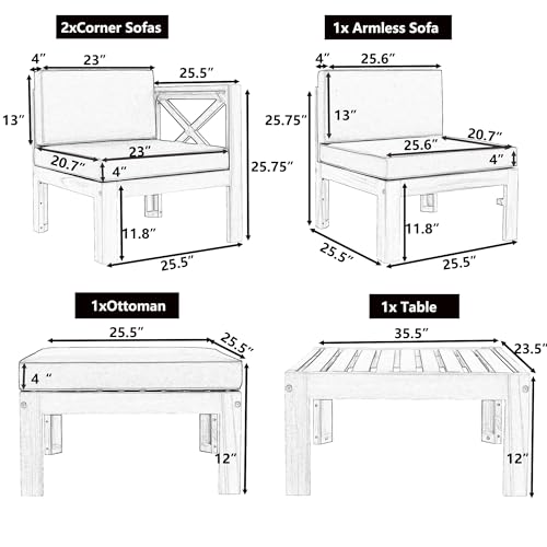 Goohome 5-Piece Wood Patio Furniture Set, L-Shaped Outdoor 3-Seater Sectional Sofa Seating Group ConversationSets with Coffee Table and Water-Resistant Cushions, for Patio, Backyard