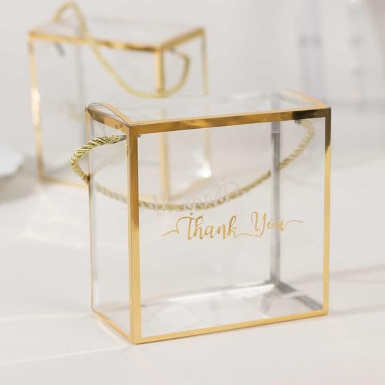 Efavormart 25 Pack Gold Trimmed Clear PVC Favor Boxes with Rope Handles and Thank You Print, Transparent Portable Candy Gift Boxes - 5.5"x5.5"