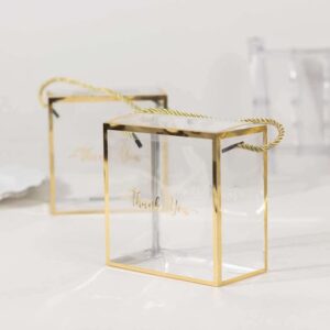 Efavormart 25 Pack Gold Trimmed Clear PVC Favor Boxes with Rope Handles and Thank You Print, Transparent Portable Candy Gift Boxes - 5.5"x5.5"