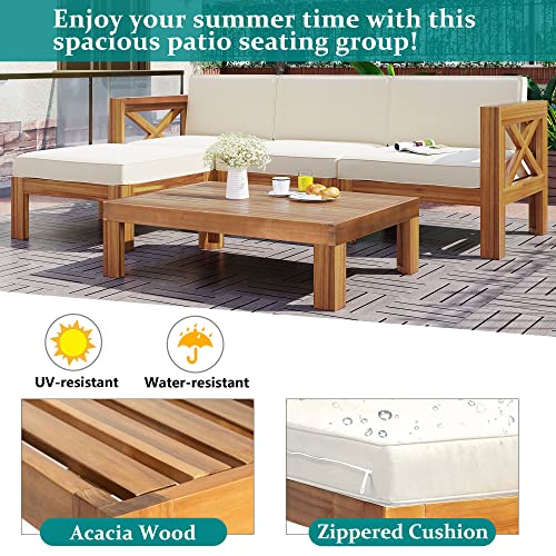 Goohome 5-Piece Wood Patio Furniture Set, L-Shaped Outdoor 3-Seater Sectional Sofa Seating Group ConversationSets with Coffee Table and Water-Resistant Cushions, for Patio, Backyard