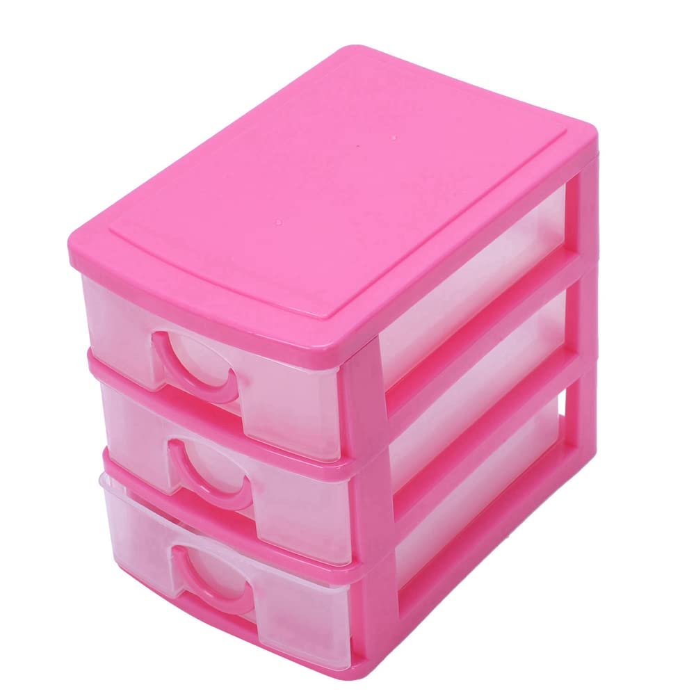 Baglaum 2X Mini Translucent Drawer Type Plastic Storage Box（Rose Red 3 Layers）