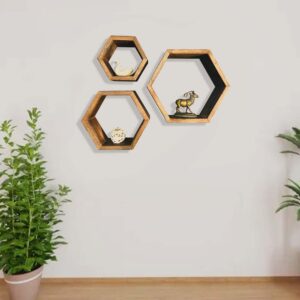 hadaaya Hexagon Shaped Floating Wooden Shelf - Set of 3 for Home Décor