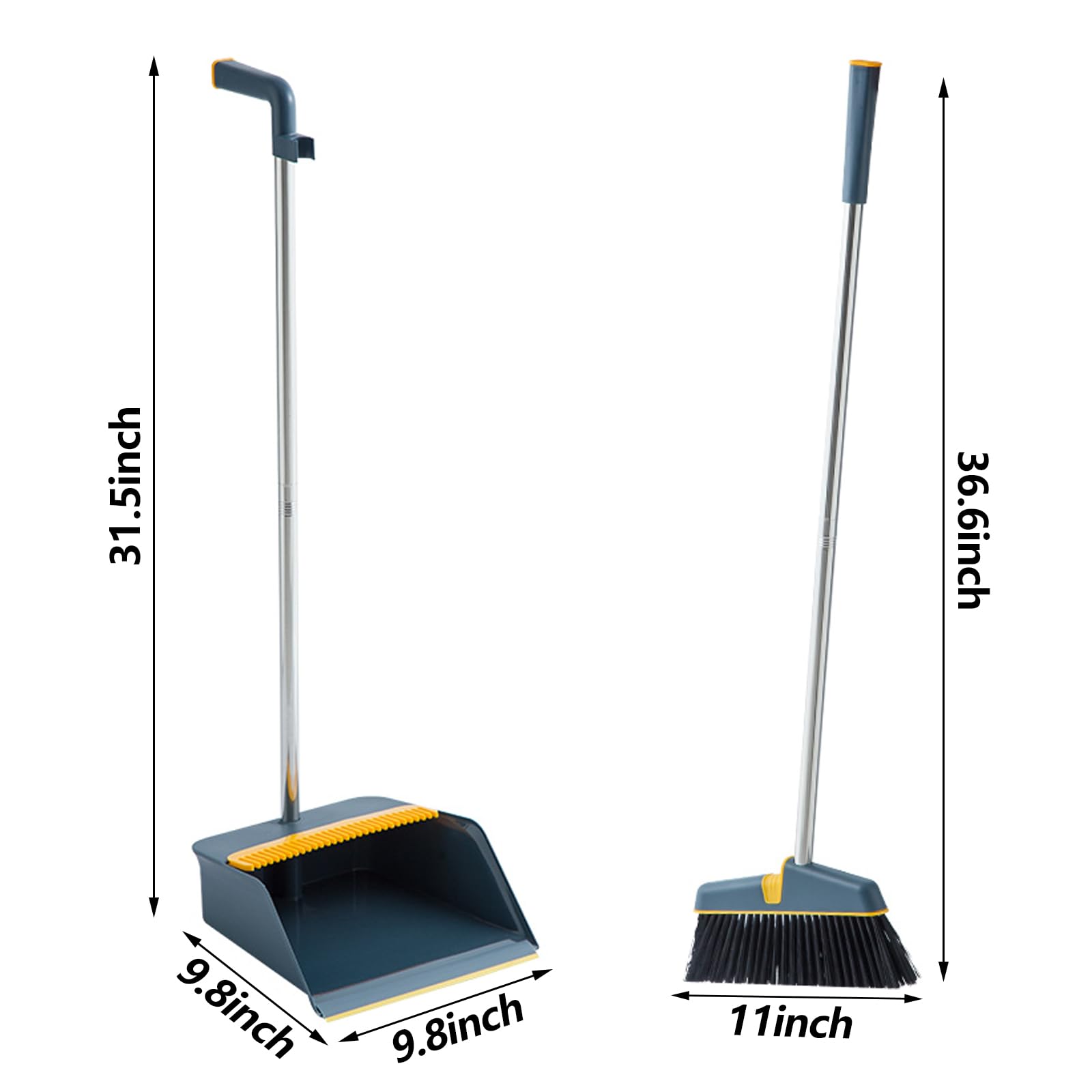 Theiyhyu Broom with Dustpan Combo Set Stand Up Broom and Dustpan with Dustpan Teeth Lightweight with Long Handle 180° Swivel Suitable for for Cleaning Floors Indoors Kitchen Office (Blue)