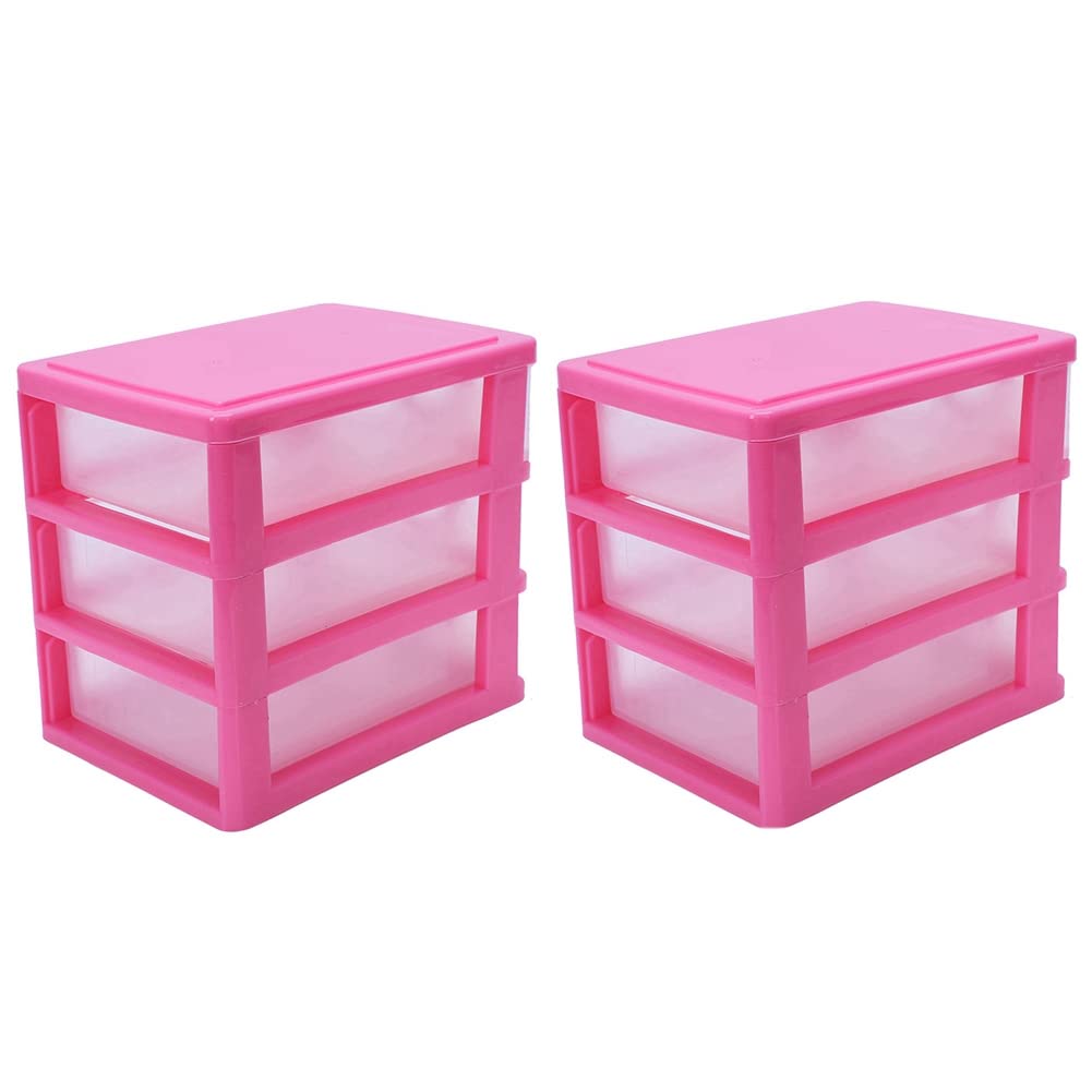 Baglaum 2X Mini Translucent Drawer Type Plastic Storage Box（Rose Red 3 Layers）