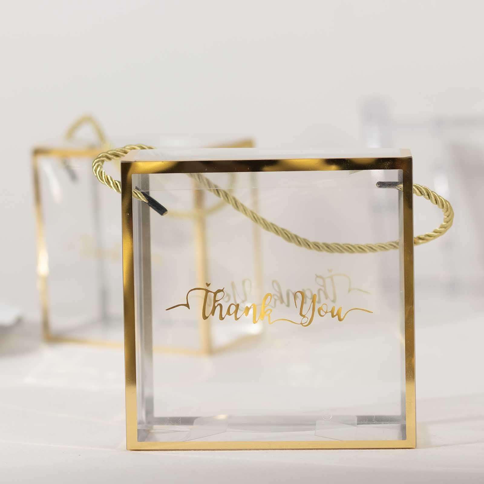 Efavormart 25 Pack Gold Trimmed Clear PVC Favor Boxes with Rope Handles and Thank You Print, Transparent Portable Candy Gift Boxes - 5.5"x5.5"