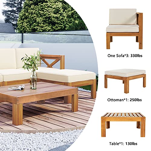 Goohome 5-Piece Wood Patio Furniture Set, L-Shaped Outdoor 3-Seater Sectional Sofa Seating Group ConversationSets with Coffee Table and Water-Resistant Cushions, for Patio, Backyard