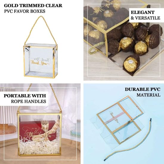 Efavormart 25 Pack Gold Trimmed Clear PVC Favor Boxes with Rope Handles and Thank You Print, Transparent Portable Candy Gift Boxes - 5.5"x5.5"