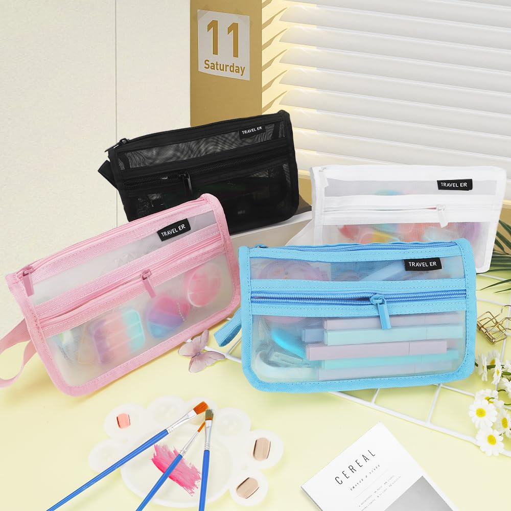 Pencil Case, Grid Mesh Pencil Pouch, Large Capacity White Pencil Bag, Clear Pencil Case with Handle and Zipper, 2-Layer Pen Case Aestheic Stationary Organizer Bag for Office Back to School Supplies