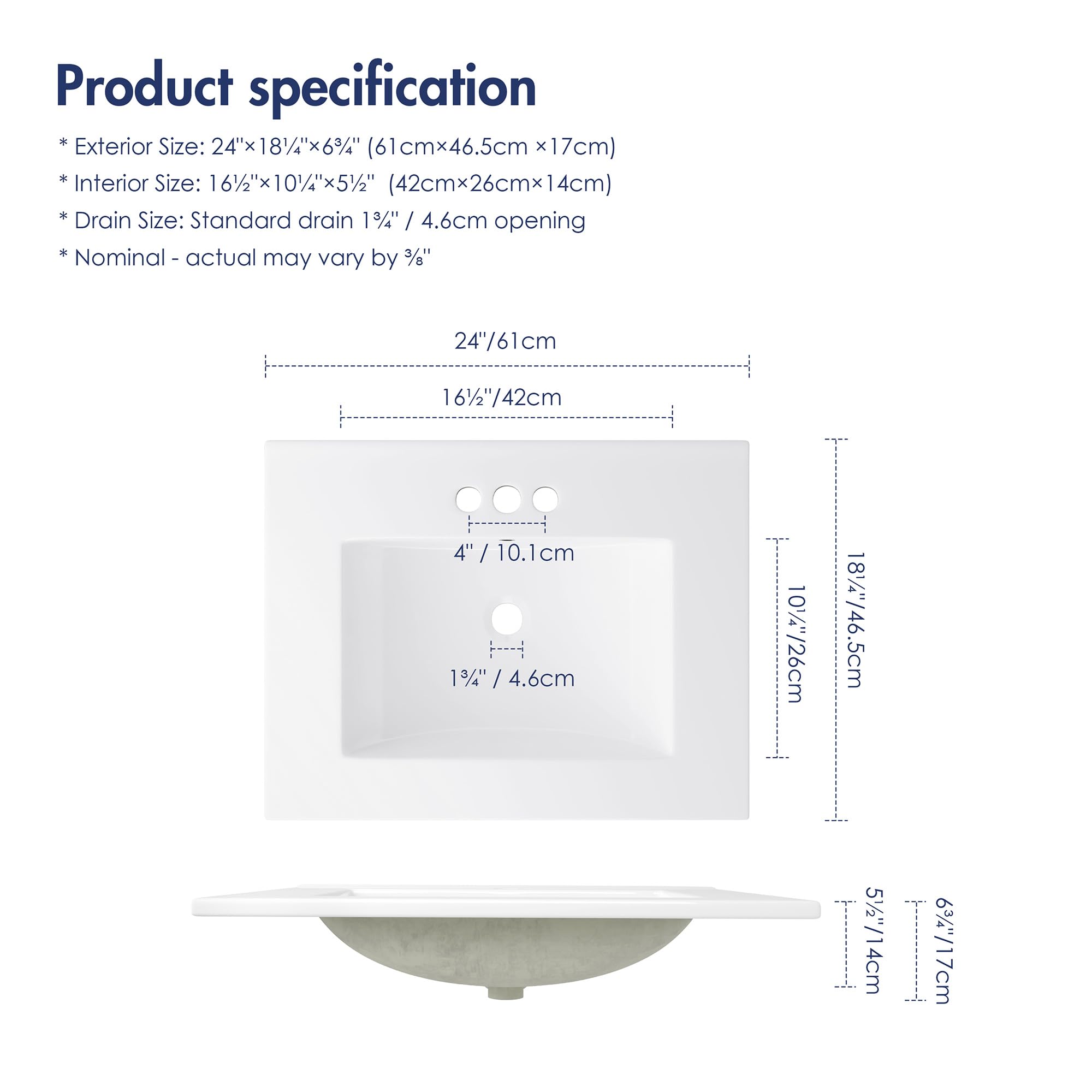 Eridanus 24"x18¼" Bathroom Sink with Three Holes (4inch Centerset), Ceramic Bathroom Vanity Sink Top with Overflow, Drop in Bathroom Vessel Sink Rectangle Ideal for Small Spaces ‎- Glossy White