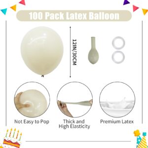 PatiCool Beige Balloons - 12 inch 100pcs Latex - Cream Balloons with 2 Ribbons, Neutral Ivory Balloons, White Sand balloons for Birthday Party, Boho Wedding, Bridal Shower, Baby Shower Decorations