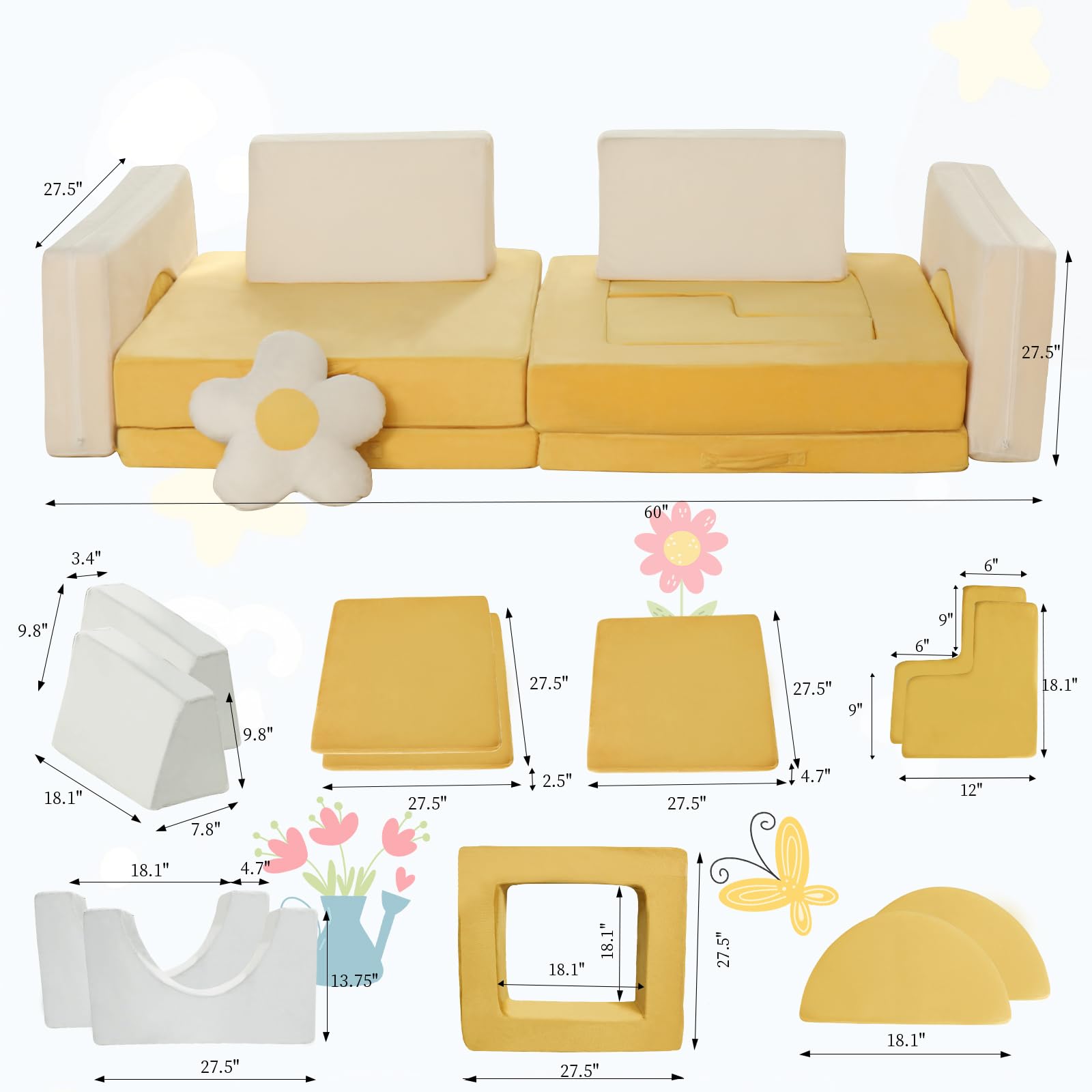 Ordicoeur Modular Kids Play Couch,12PCS Child Sectional Sofa, Climbing Couch Toddler Playroom Couch,Yellow&Beige Convertible Foam and Floor Play Sofa for Boys and Girls