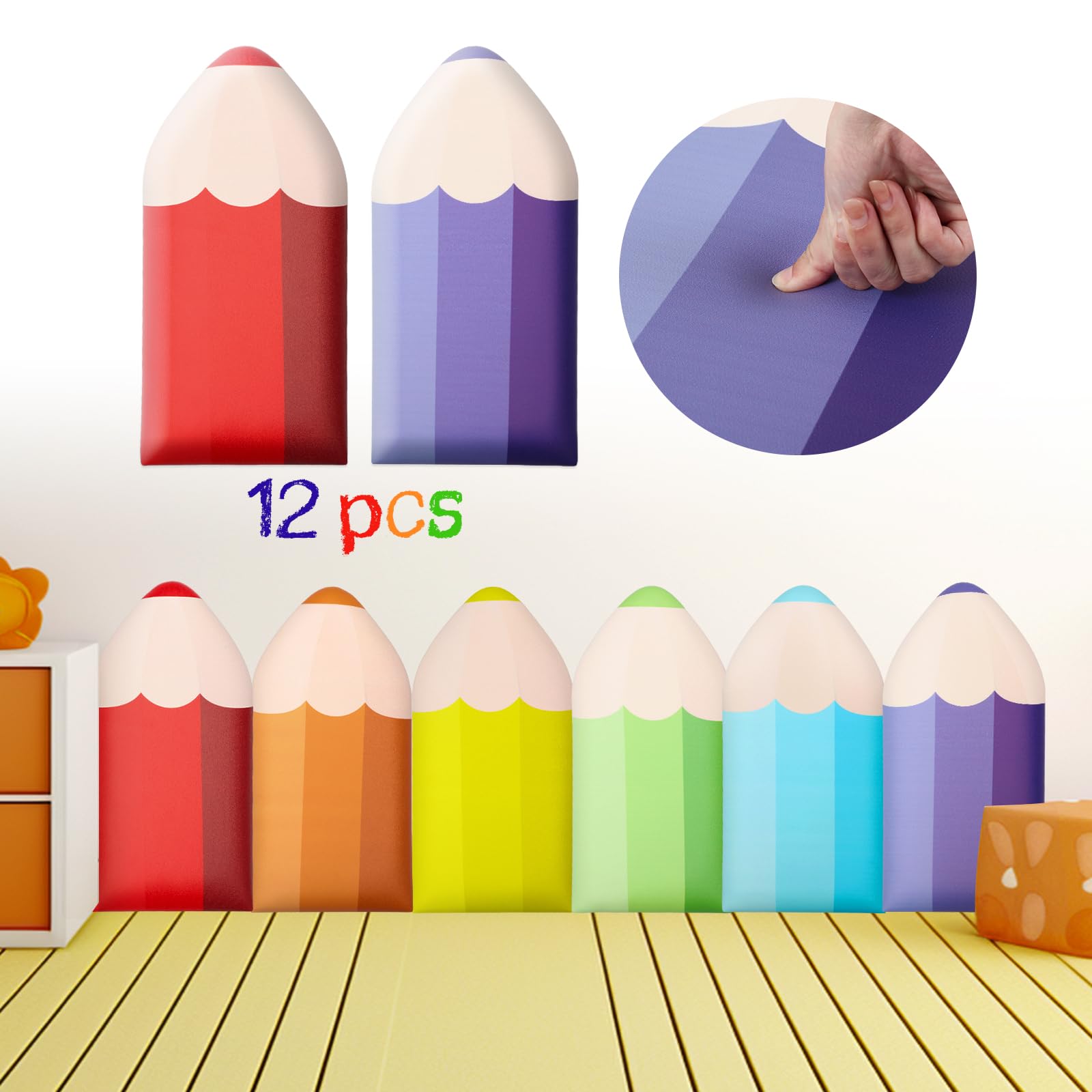 Jetec 12 Pcs 3D Anti Collision Pencil Shape Wall Padding for Kids 23.6 x 11.8 Inch Peel and Stick Upholstered Wall Panels Headboard Panels Colorful Wall Mats for Nursery Playroom Wall Protection