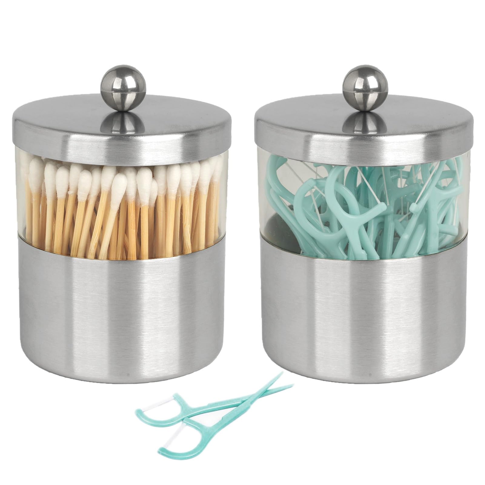 Gaussra Apothecary Jars, Qtip Holder - Stainless Steel Bathroom Jar with Stickers - Farmhouse Decor Qtip Dispenser for Qtips, Cotton Balls, Swabs, Makeup Sponges (2 Pack, Brushed Nickel)