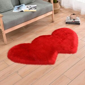 zutkekon faux fur sheepskin small area rugs fluffy seat pad double hearts shaped carpets, 24x35 inches luxurious wool foot mats home decor for nursery living room bedroom pet kids room (red)