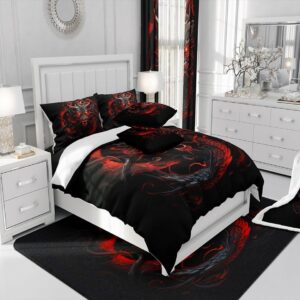 Red Black Dragon Duvet Cover Set Queen Size,Glowing Flame Dragon Bedding Set 3Pcs for Kids Boys Men Adult Bedroom Decor,Wild Animals Comforter Cover Cool Magical Style Quilt Cover,2 Pillowcases