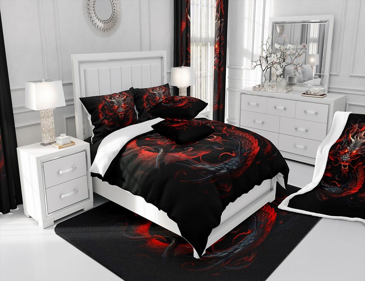 Red Black Dragon Duvet Cover Set Queen Size,Glowing Flame Dragon Bedding Set 3Pcs for Kids Boys Men Adult Bedroom Decor,Wild Animals Comforter Cover Cool Magical Style Quilt Cover,2 Pillowcases