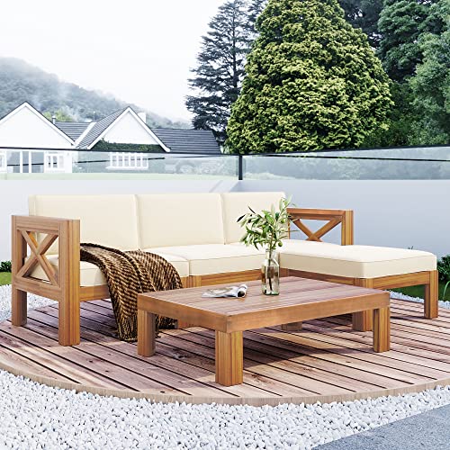 Goohome 5-Piece Wood Patio Furniture Set, L-Shaped Outdoor 3-Seater Sectional Sofa Seating Group ConversationSets with Coffee Table and Water-Resistant Cushions, for Patio, Backyard