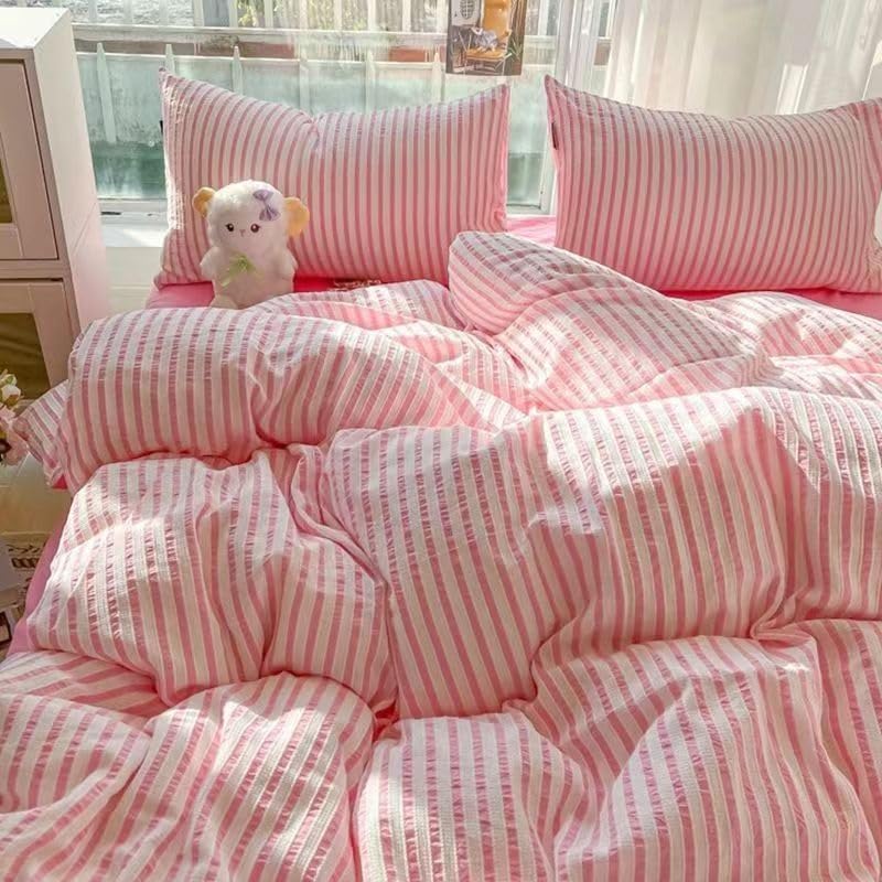 GeRRiT Four-Piece Washed Cotton Seersucker Striped Single and Double Duvet Cover Sheet Set (Color : Rose red, Size : 1.8m Bed), 096743