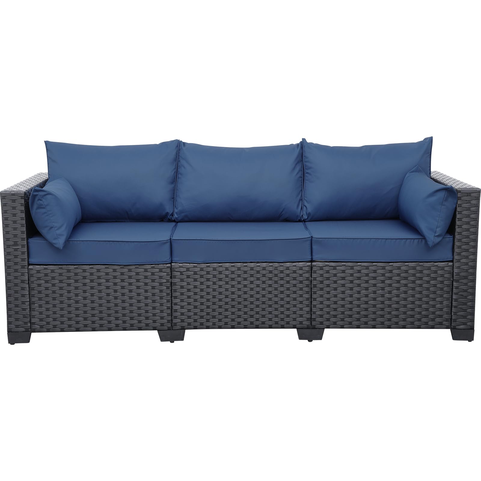 Valita 3-Seat Outdoor Rattan Sofa Patio Couch Black PE Wicker Loveseat Seating Furniture with Washable Navy Blue Cushions