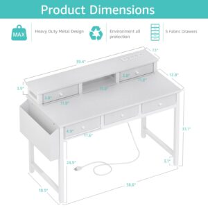 Lufeiya White Computer Desk with Fabric Drawers for Home Office, 40 inch Vanity Makeup Desk with Drawers Storage for Bedroom, Writing Study Table with Power Outlet & Monitor Stand, White